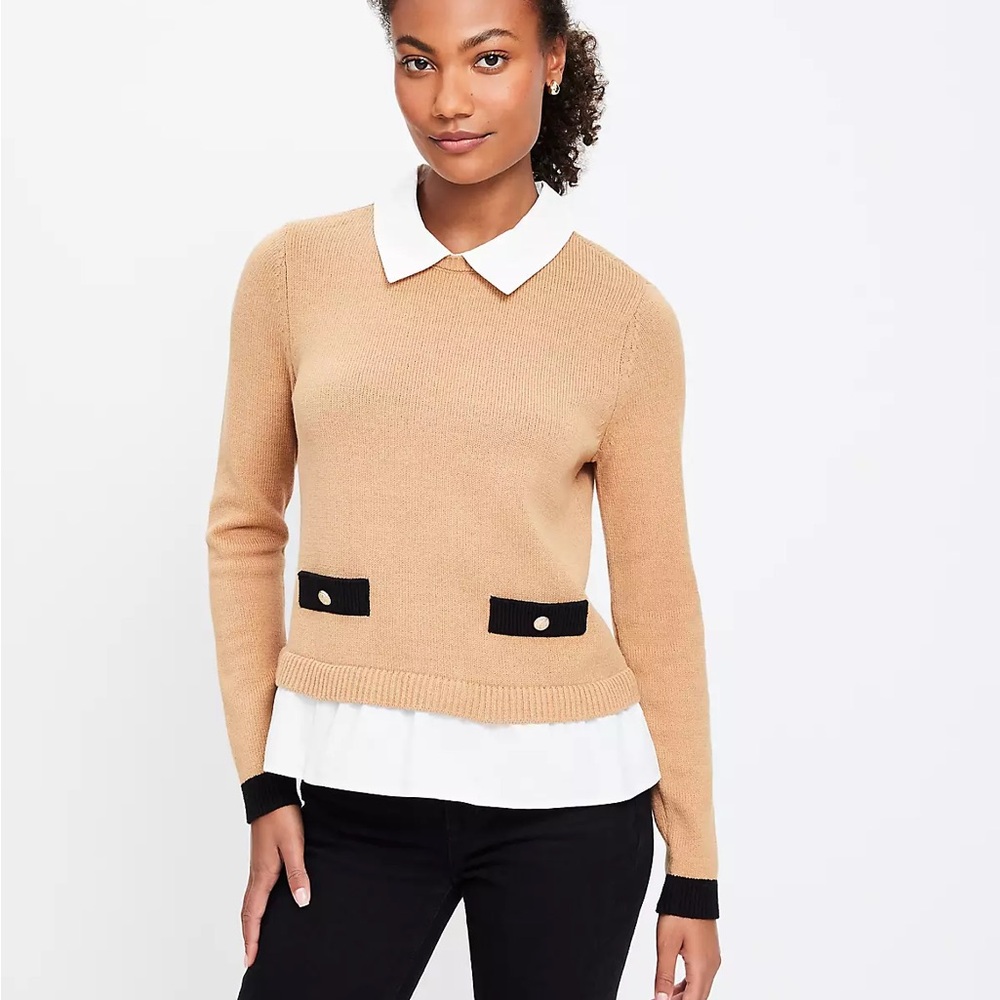 LOFT Tan Crew Neck Sweater with Black and White Accents